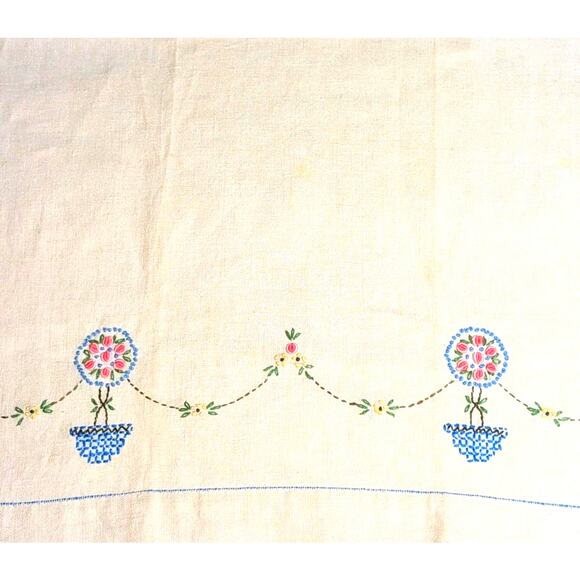 Vtg 1940s Irish Linen Guest Hand Towel Embroidered French Knot Floral Topiary - Picture 1 of 8